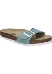 Sandal in cuoio turchese con fibbia regolabile, soletta in sughero e suola in gomma bianca con presa testurizzata per una migliore aderenza.