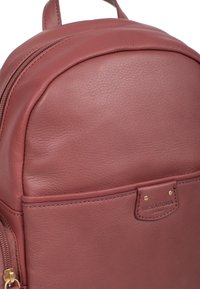 Bordeaux leren rugzak met een gladde textuur, ronde vorm, voorvak met gouden hardware en een merkembleem.