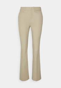 Beige flared pants made from a smooth fabric, featuring a mid-rise waistband, belt loops, and front pockets with a clean finish.
