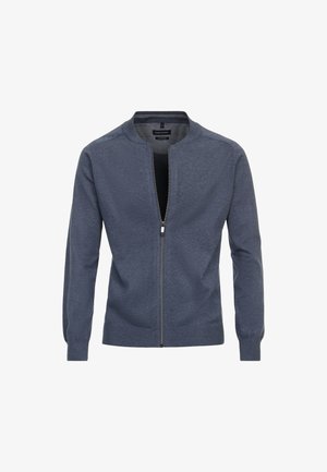 Blauwe ritsvest met een ronde halslijn, gebreide textuur, lange mouwen en een gladde afwerking. Beschikt over een rits aan de voorkant.