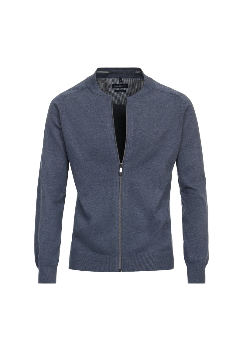 Cardigan zippé bleu avec un col rond, texture tricotée, manches longues et finition lisse. Présente une fermeture éclair à l'avant.