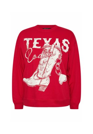 Rød sweatshirt med lange ærmer, featuring en stor hvid grafik af en cowboystøvle og ordet "TEXAS" i fed, slidt skrifttype.