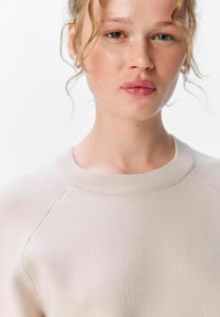 Lys beige sweater med rund halsudskæring og ribbet kant. Materialet virker blødt med en glat tekstur og raglanærmer.