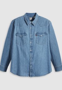 Hele sinine teksapikk varrukaga särk terava kraega, kahe rinnatasku ja valgete trukikinnitustega. Omab kaardus ääre ja lääne stiilis õlapaneeli.