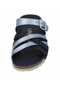 Blue synthetic upper slide sandal with multi-straps featuring black glitter accents, cork sole, and adjustable buckle closure. Size 37.