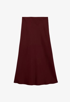 Langer Rock in A-Linie aus einfarbigem, dunkelburgunderfarbenem Stoff mit glatter Textur und sauberem Bund.