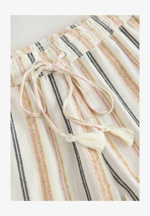 Svītraina sporta šorti ar auklu gaišā audumā, ar rozā, melnām un zeltītām svītrām. Dekoratīvi balti bārkstis un elastīga jostas vieta.