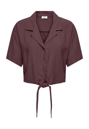 Blusa corta color malva scuro a maniche corte con bottoni frontali, colletto e dettaglio annodato sul davanti.