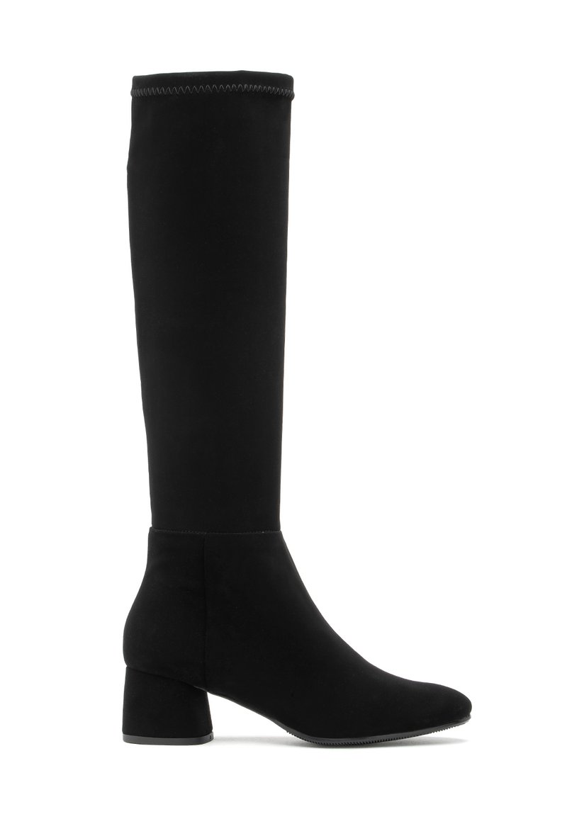 Knee-high black fabric boot with a block heel, rounded toe, smooth texture, and contrasting stitching at the top.