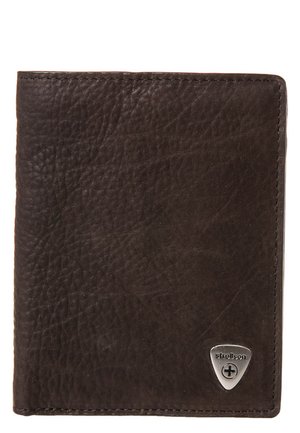 Brown leather wallet with a textured surface, rectangular shape, and a silver logo accent on the bottom right corner.