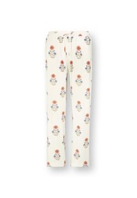 Floral print pants in cream, featuring red and blue flowers. Made from soft material with an elastic waistband and drawstring. Straight-leg design.