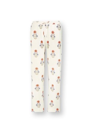 Bloemenprint broek in crème, met rode en blauwe bloemen. Gemaakt van zacht materiaal met een elastische tailleband en een koordje. Rechtaflopende pasvorm.