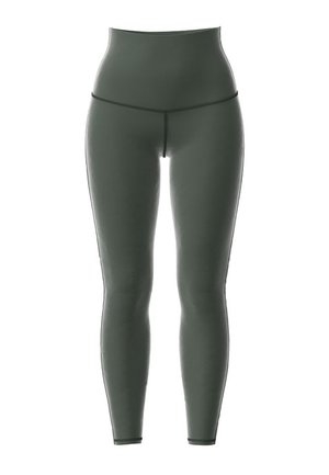 High-waisted, olive-green leggings made of smooth, stretchy fabric with a fitted design and minimal seams, providing a sleek appearance.
