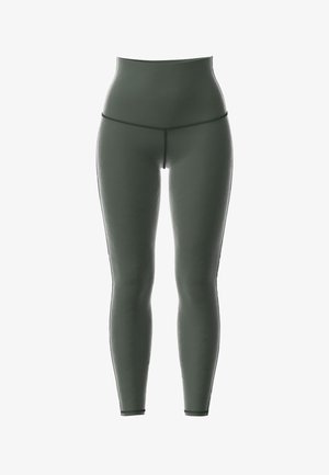 Hoch taillierte, olivgrüne Leggings aus glattem, dehnbarem Material mit einem figurbetonten Design und minimalen Nähten, die ein elegantes Aussehen bieten.