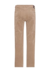 Beige Cordhose mit geradem Bein, zwei Gesäßtaschen und einer glatten Oberfläche. Der Bund ist mit Gürtelschlaufen versehen.