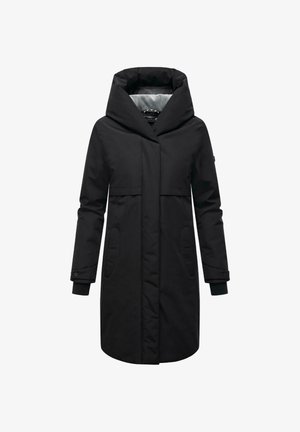 Czarny wodoodporny płaszcz z wysokim kołnierzem, przednimi kieszeniami i ukrytym zapięciem. Długie rękawy z guzikami i miękka podszycie.