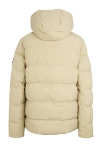 Giacca a vento beige chiaro con cappuccio, caratterizzata da dettagli trapuntati e una texture liscia. La vista posteriore mostra un orlo arrotondato e nessuna ferramenta visibile.