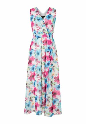 Robe maxi en tissu léger avec un motif floral dans des teintes de rose et de bleu, décolleté en V et taille cintrée.