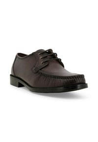Scarpa in pelle marrone con lacci, dal design mocassino, caratterizzata da una punta cucita, una superficie liscia e un tacco basso nero.