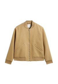 Beige Bomberjacke aus weichem Stoff, mit Reißverschluss, gerippten Bündchen und zwei Fronttaschen. Einfaches, klares Design ohne Muster.