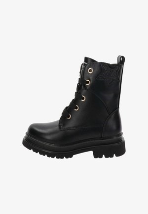 Bottines en cuir noir avec un bout rond, quincaillerie dorée et accent en forme d'étoile noire sur le côté. Tige texturée et semelle robuste.
