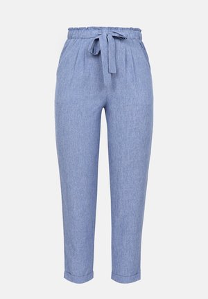 Lys blå, vevde bukser med høy elastisk midje, justerbar snøring og legg. Taperte ben med rullekanter.