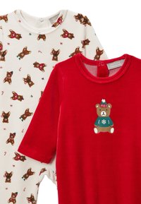Ensemble de deux bodies pour bébé : un rouge avec un motif d'ours, l'autre crème avec un imprimé d'ours brun et des accents de canne en sucre d'orge. Matière en coton.