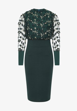 Tmavozelené šaty s priliehavým strihom. Vrchná časť má priehľadné, vyšívané rukávy zdobené kvetinovými vzormi a metalickými detailmi.