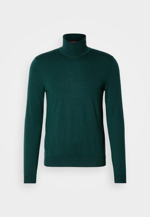 Grønn høyhalset genser med ribbestruktur, med lange ermer og en tettsittende design, i en ensfarget utførelse uten synlige mønstre.