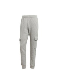 Pantalon de survêtement gris avec une taille élastique, des poignets fuselés et deux poches cargo latérales pour un stockage supplémentaire. Texture douce, design décontracté.