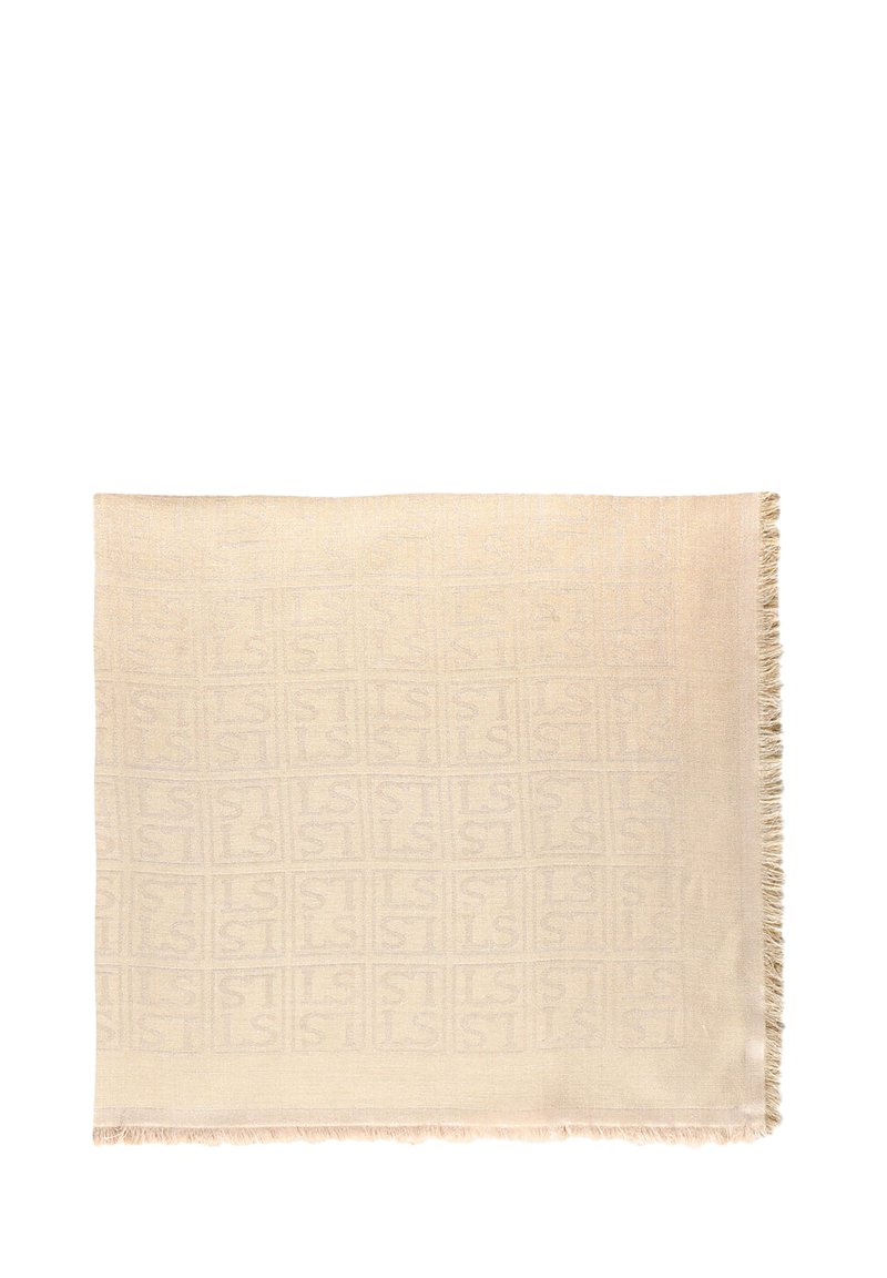 Beige scarf with a textured woven pattern featuring repeated letters. Fringed edges, soft material, rectangular shape.