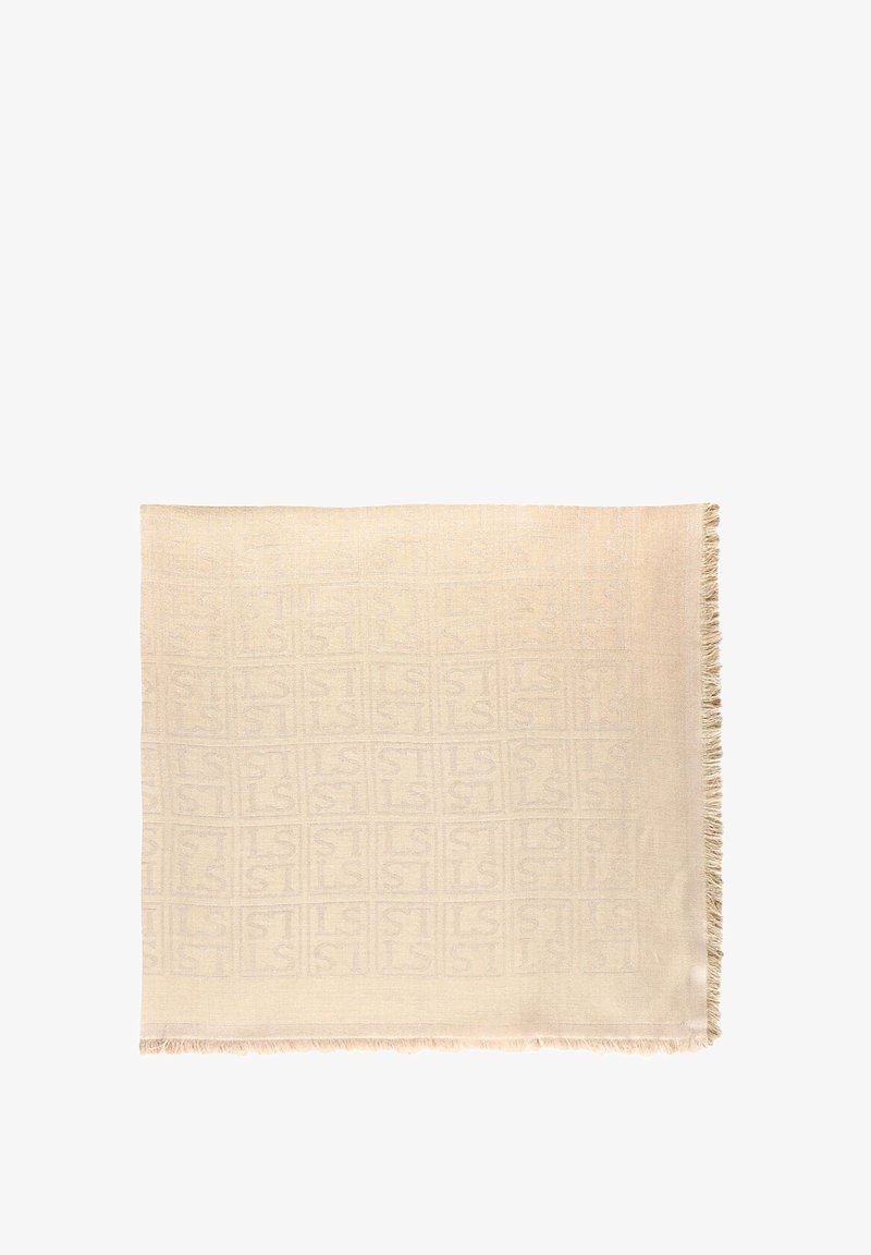 Sciarpa beige con un motivo tessuto testurizzato caratterizzato da lettere ripetute. Bordo frangiato, materiale morbido, forma rettangolare.