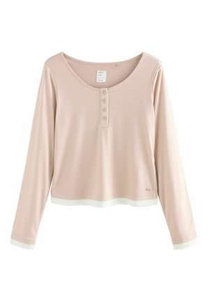 Šviesiai rožinė ilgos rankovės palaidinė su apvaliu kaklu, priekyje su sagų juosta ir baltomis detalėmis rankogaliuose bei apačioje. Minkšta, glotni medžiaga.