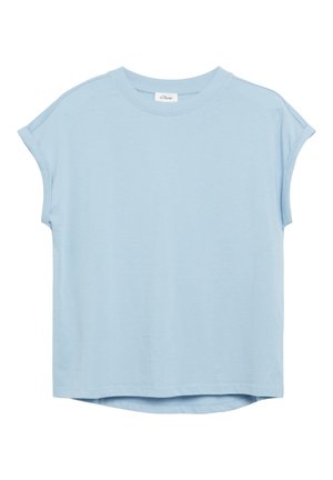 Hellblaues Kurzarm-T-Shirt mit Rundhalsausschnitt und leicht aufgekrempelten Ärmeln, auf weißem Hintergrund präsentiert.