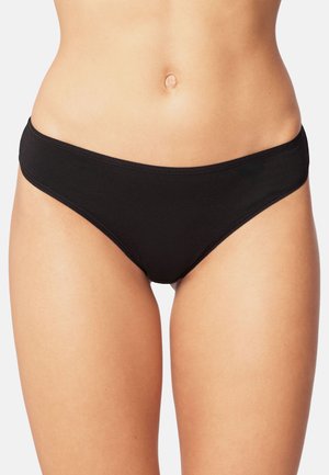 Black bikini briefs with a smooth, soft fabric. Low-rise design with minimal coverage, featuring narrow side bands and no visible patterns.