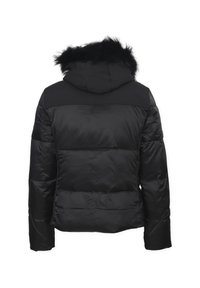 Giacca a vento nera imbottita con cappuccio removibile, dotata di bordino in pelliccia sintetica, design trapuntato e maniche lunghe. Tessuto morbido e lucido.