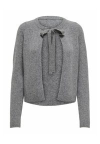 Gilet gris en tricot avec un lien à nouer au niveau du cou, poignets et ourlet côtelés. Texture douce, design à ouverture frontale et manches longues.