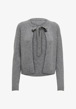 Gilet gris en tricot avec un lien à nouer au niveau du cou, poignets et ourlet côtelés. Texture douce, design à ouverture frontale et manches longues.