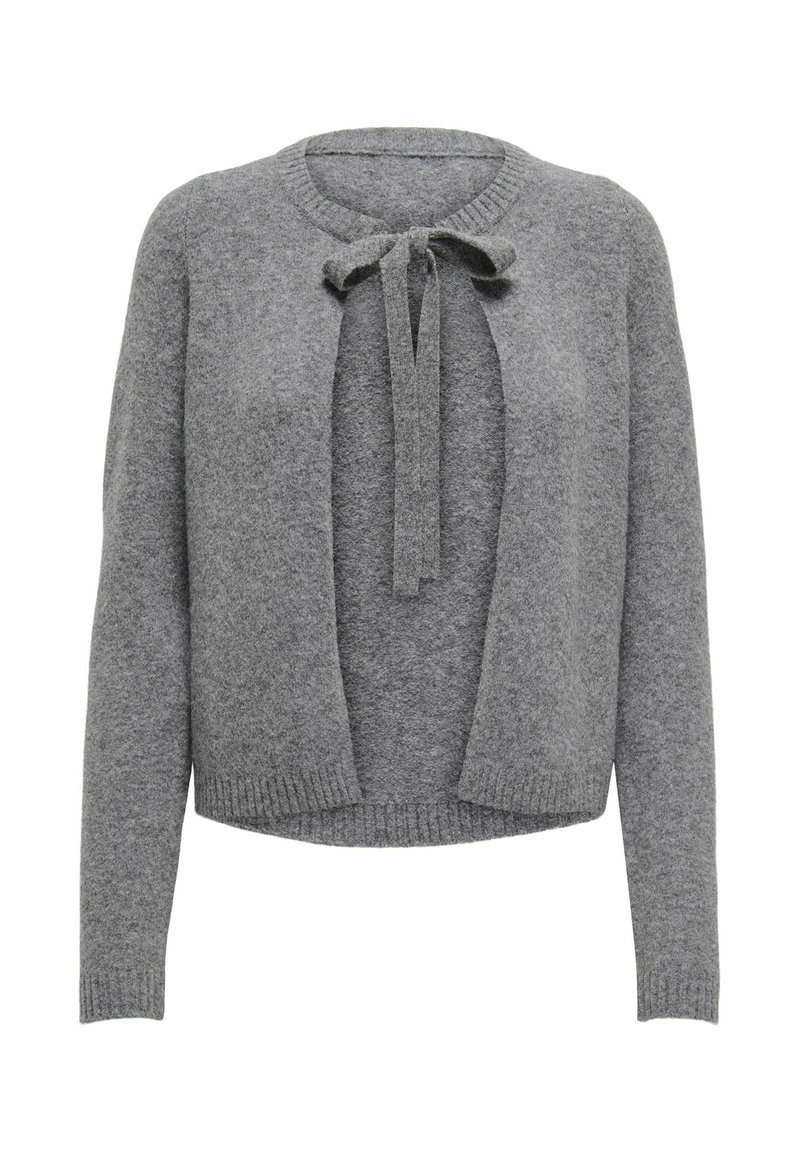 Gilet gris en tricot avec un lien à nouer au niveau du cou, poignets et ourlet côtelés. Texture douce, design à ouverture frontale et manches longues.