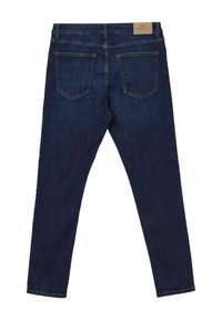 Jeans in denim blu scuro con una vestibilità slim, dotati di due tasche posteriori, cuciture sottili e un'etichetta in pelle beige in vita.