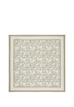 Quadratisches Halstuch mit beigen Rändern und einem dichten Blumenmuster in Hellgrün- und Cremetönen in der Mitte.