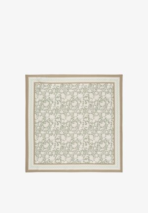 Square scarf with beige borders and a dense floral pattern in light green and cream tones across the center.