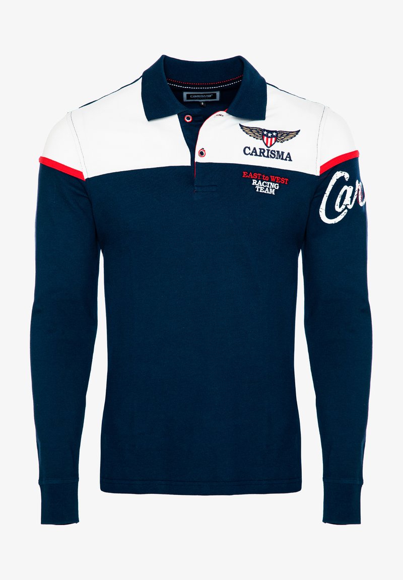 Marineblå langærmet polo med hvide detaljer, broderi og røde elementer. Har krave og manchetter, lavet af bomuldsstof, samt grafiske logoer.