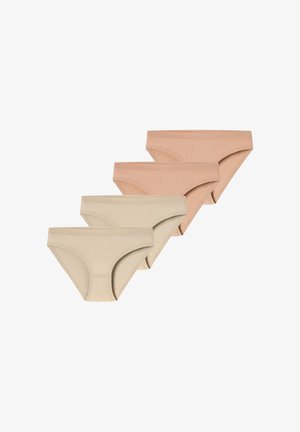 Quatre paires de culottes bikini sans couture pour femmes en beige et marron clair, disposées en diagonale sur un fond blanc.