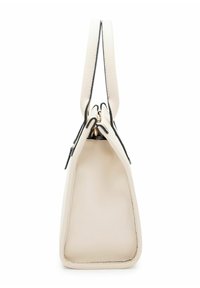Borsa in pelle crema con un design strutturato, bordature nere in contrasto e una superficie testurizzata. Presenta una chiusura a zip superiore e doppio manico.