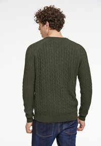 Oliwkowy sweter z dzianiny w warkocz z prążkowanymi mankietami i dołem, z charakterystycznym wzorem, noszony na ciemnoniebieskich dżinsach.