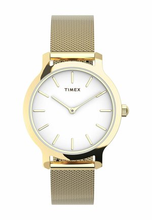 Zlaté hodinky Timex s bílým ciferníkem, zlatými hodinovými značkami a ručičkami a zlatým kovovým páskem ukazující čas 10:10.