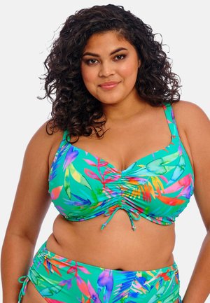 Colorful floral-print bikini featuring a gathered top with adjustable ties, accompanied by matching bottoms with side adjustment details.