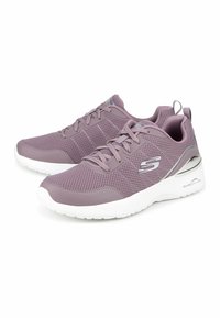 Purple mesh athletic shoes with a white sole, featuring a lightweight design, rounded toe, lace-up front, and a metallic accent on the heel.