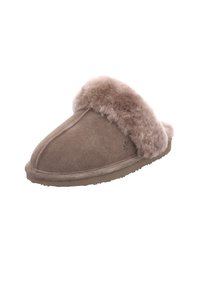 Braune Wildlederhausschuhe mit einem flauschigen, beigefarbenen Kunstfellbund, abgerundeter Zehenpartie und strukturierten Gummisohlen. Verfügt über eine Ziernaht entlang der oberen Naht.